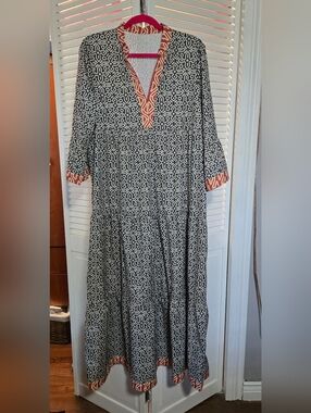 Forest Green And Cream V Neck Geometric Maxi Dress with Rust Accent